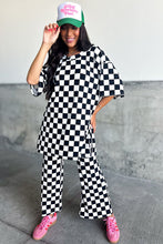 Cargar imagen en el visor de la galería, Black Checkered Print Half Sleeve Tunic Top and Flared Pants Set
