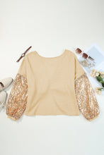 Load image into Gallery viewer, Apricot Sequin Patchwork Sleeve Open Back Waffle Knit Top
