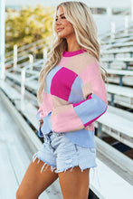 Cargar imagen en el visor de la galería, Rose Red Color Block Drop Shoulder Crewneck Loose Fit Sweater
