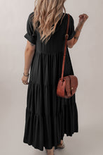 Load image into Gallery viewer, Black Hidden Buttons Short Sleeve Ruffle Tiered Long Flared Dress
