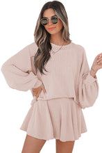 Load image into Gallery viewer, Jet Stream Corded Lantern Sleeve Top High Waist Ruffled Mini Skirt Set
