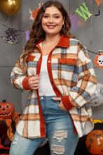 Cargar imagen en el visor de la galería, Brown Stripe Plus Size Plaid Print Collared Buttoned Jacket
