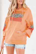Load image into Gallery viewer, Grapefruit Orange Plaid Floral Patchwork Kangaroo Pocket Hooded Long Sleeve Top
