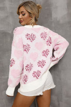 Cargar imagen en el visor de la galería, Pink Heart Leopard Print Pearled Ribbed Trim Fuzzy Sweater
