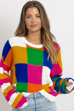 Cargar imagen en el visor de la galería, Orange Checkered Color Block Round Neck Loose Sweater
