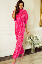 Cargar imagen en el visor de la galería, Hot Pink Leopard Loose Sleeve Belted Wide Leg Jumpsuit
