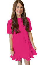 Load image into Gallery viewer, Bright Pink Solid Color Ribbon Tie Neck Ruffled Mini Dress
