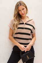 Load image into Gallery viewer, Khaki Stripe Zipped Collar Short Sleeve Sweater
