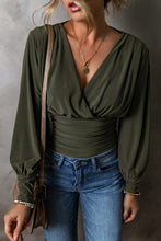 Cargar imagen en el visor de la galería, Moss Green Ruched Wrap V Neck Long Sleeve Bodysuit
