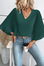 Load image into Gallery viewer, Blackish Green 3/4 Pleated Bell Sleeve V Neck Blouse
