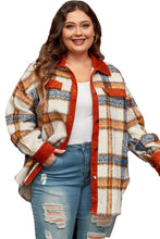 Cargar imagen en el visor de la galería, Brown Stripe Plus Size Plaid Print Collared Buttoned Jacket
