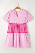 Load image into Gallery viewer, Pink Ricrac Block Accent Puff Short Sleeve Flowy Plus Dress
