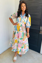 Load image into Gallery viewer, Multicolour Floral Doodle Print Striped Trim V Neck Midi Dress
