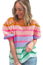 Load image into Gallery viewer, Hot Pink Colorful Stripe Bubble Short Sleeve Sweater
