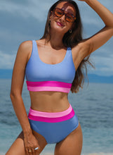 Cargar imagen en el visor de la galería, Light Blue Colorblock High Waisted Bikini Swimsuit
