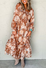 Cargar imagen en el visor de la galería, Brown Floral Print Shirred Square Neck High Waist Maxi Dress
