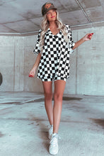 Cargar imagen en el visor de la galería, Black Checkerboard Print V Neck Loose Tee and Shorts Lounge Set
