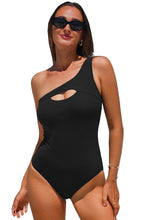 Cargar imagen en el visor de la galería, Black Ribbed One Shoulder Hollowed One Piece Swimsuit
