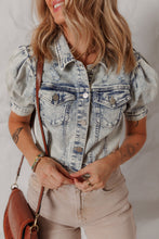 Load image into Gallery viewer, Beau Blue Light Wash Buttoned Chest Pocket Puff Sleeve Denim Jacket
