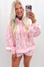 Cargar imagen en el visor de la galería, Pink Abstract Print Loose Hoodie Slim Shorts 2pcs Set

