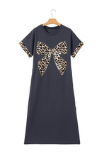 Load image into Gallery viewer, Dark Grey Contrast Leopard Bow Patched Short Sleeve T Shirt Long Dress
