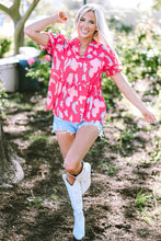 Cargar imagen en el visor de la galería, Rose Abstract Print Smocked Puff Sleeve V Neck Blouse
