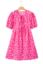 Load image into Gallery viewer, Rose Leopard Puff Sleeve Tie Front High Waist Mini Dress
