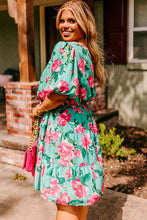 Load image into Gallery viewer, Green Floral Bubble Sleeve Surplice Ruffled Plus Size Dress
