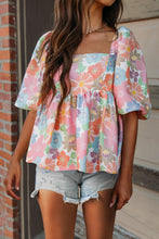 Cargar imagen en el visor de la galería, Pink Floral Puff Sleeve Square Neck Babydoll Blouse
