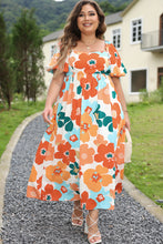 Cargar imagen en el visor de la galería, Orange Plus Size Flower Print Shirred Square Neck Maxi Dress
