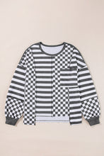 Load image into Gallery viewer, Dark Grey Checkerboard Striped Patchwork Lantern Sleeve Pocketed Blouse
