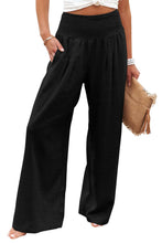 Cargar imagen en el visor de la galería, Black Shirred High Waist Plus Size Wide Leg Pants
