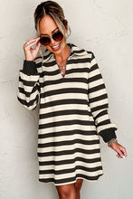 Load image into Gallery viewer, Black Stripe Collared V Neck Long Sleeve Loose Casual Dress
