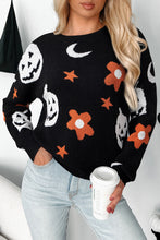 Load image into Gallery viewer, Black Halloween Mythical Night Pattern Drop Shoulder Sweater
