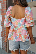 Cargar imagen en el visor de la galería, Pink Floral Puff Sleeve Square Neck Babydoll Blouse
