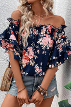 Cargar imagen en el visor de la galería, Blue Ruffle Off Shoulder Flounce Sleeve Floral Blouse
