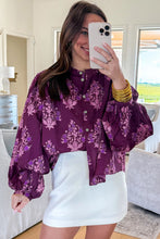 Load image into Gallery viewer, Purple Floral Print Button Front Long Puff Sleeve Shirt
