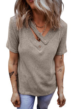 Load image into Gallery viewer, Pale Khaki Ribbed Buttoned Strappy V Neck Tee
