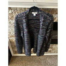 Load image into Gallery viewer, Christopher &amp; Banks Open Front Popcorn Sweater Gray Teal and Purple
