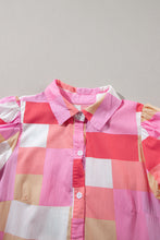 Cargar imagen en el visor de la galería, Pink Plaid Print Puff Sleeve Buttoned Tiered Dress
