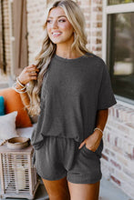 Cargar imagen en el visor de la galería, Carbon Grey Ribbed Textured Knit Loose Fit Tee and Shorts Set
