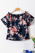 Cargar imagen en el visor de la galería, Blue Ruffle Off Shoulder Flounce Sleeve Floral Blouse
