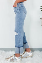 Cargar imagen en el visor de la galería, Dusk Blue High Rise Asymmetric Button Zip Fly Ripped Jeans
