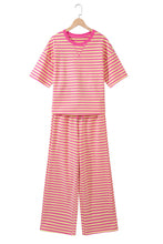 Cargar imagen en el visor de la galería, Pink Stripe Colorblock Trim Crew Neck Loose Tee Drawstring Elastic Waist 2pcs Pant Set
