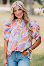 Cargar imagen en el visor de la galería, Pink Abstract Print Bubble Sleeve Smock Detail Blouse
