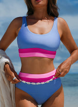 Cargar imagen en el visor de la galería, Light Blue Colorblock High Waisted Bikini Swimsuit
