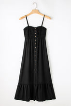 Cargar imagen en el visor de la galería, Black Spaghetti Straps Smocked Front Slit Buttoned Dress
