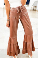 Load image into Gallery viewer, Straw Yellow Mineral Wash Lace-up High Waist Tiered Bell Bottom Pants

