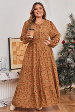 Load image into Gallery viewer, Brown Plus Size Floral Split V Neck Ruffled Sleeve Tiered Maxi Dress

