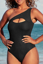 Cargar imagen en el visor de la galería, Black Ribbed One Shoulder Hollowed One Piece Swimsuit
